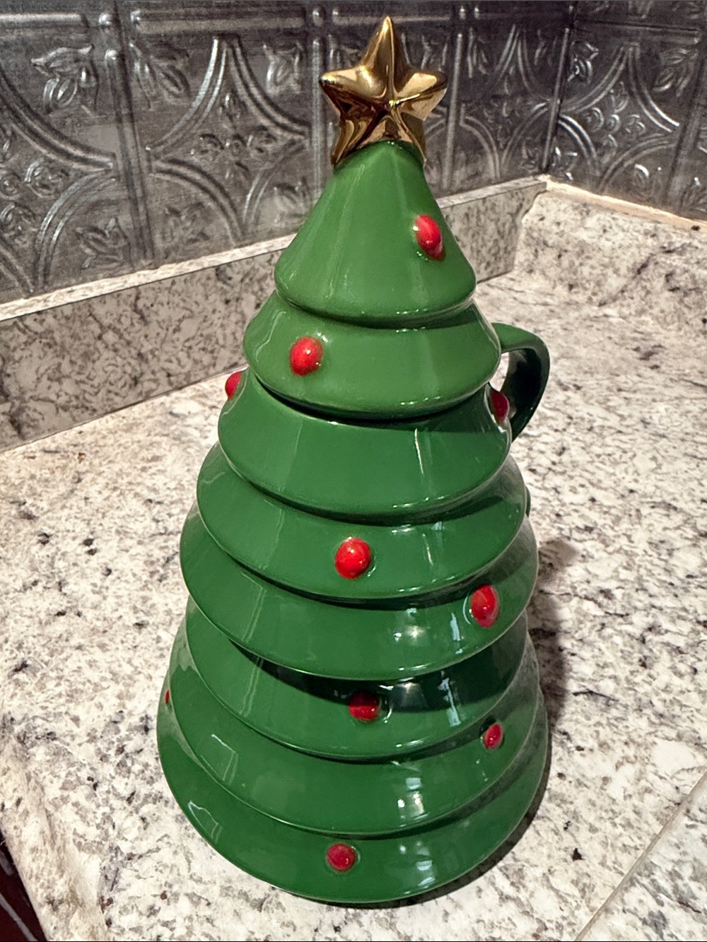 Hallmark Green Ceramic Christmas Tree Teapot with Red Ornaments and Gold Star